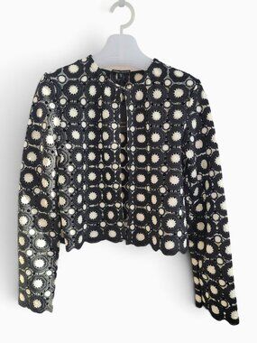 River Island 4 Crochet Trophy Jacket Black Ivory Circle Lace Cropped Mod Chic